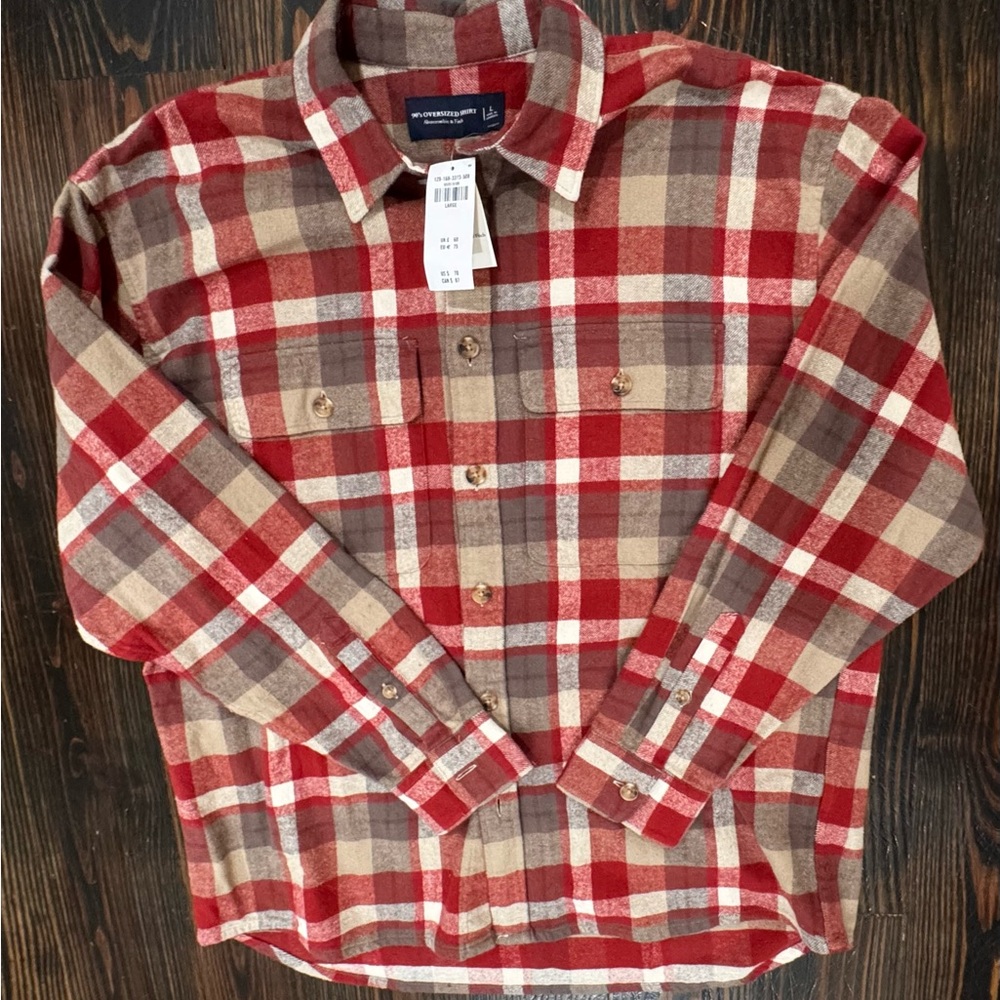 Abercrombie & Fitch Red and Tan 90s Oversized Plaid Shirt